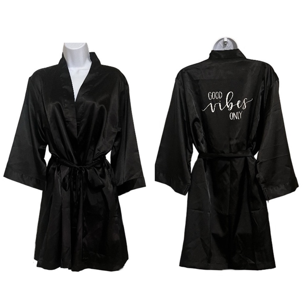 Luxurious Black Kimono Robe with Good Vibes Only Graphics